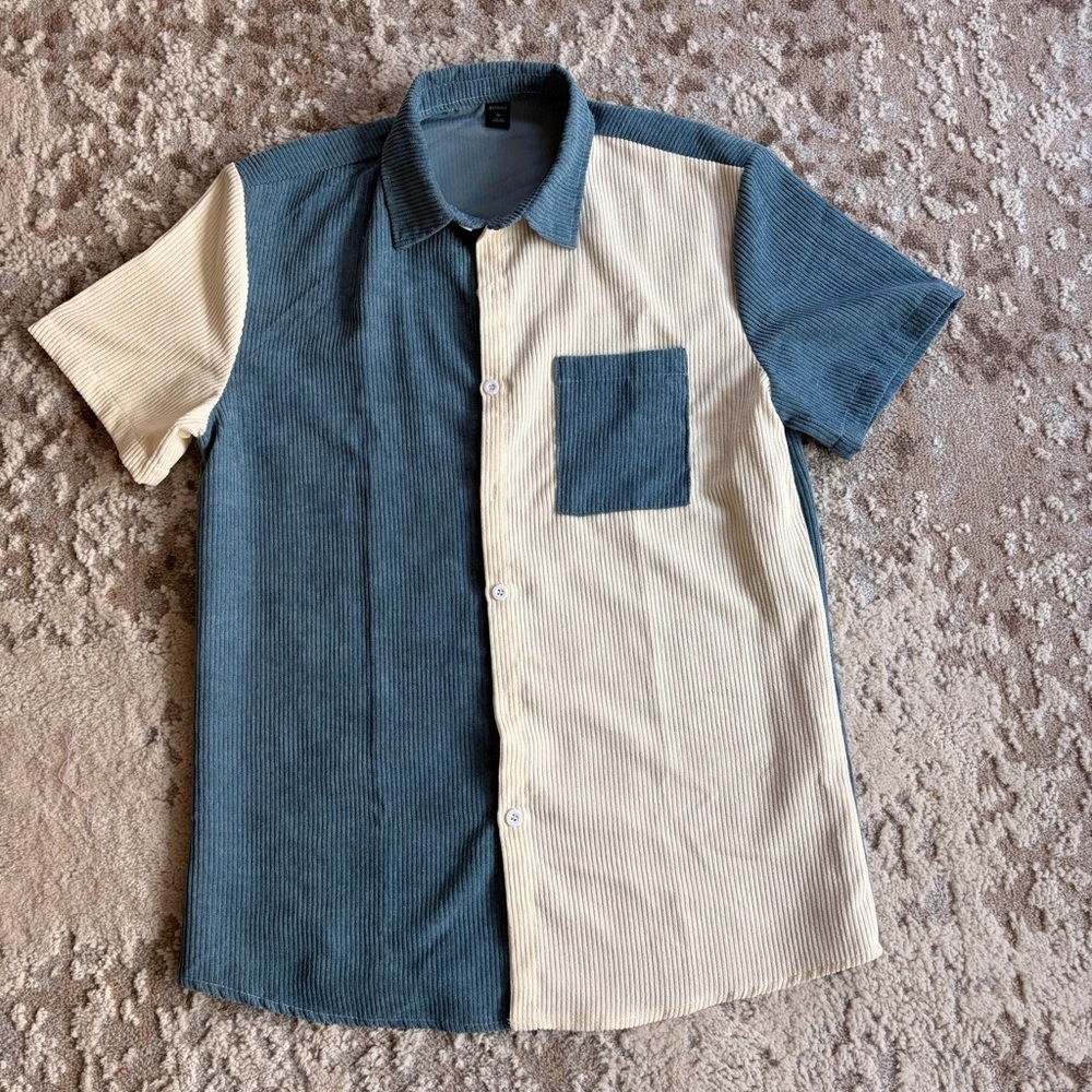 ROMWE Casual Blue and Cream Button-Down Shirt
